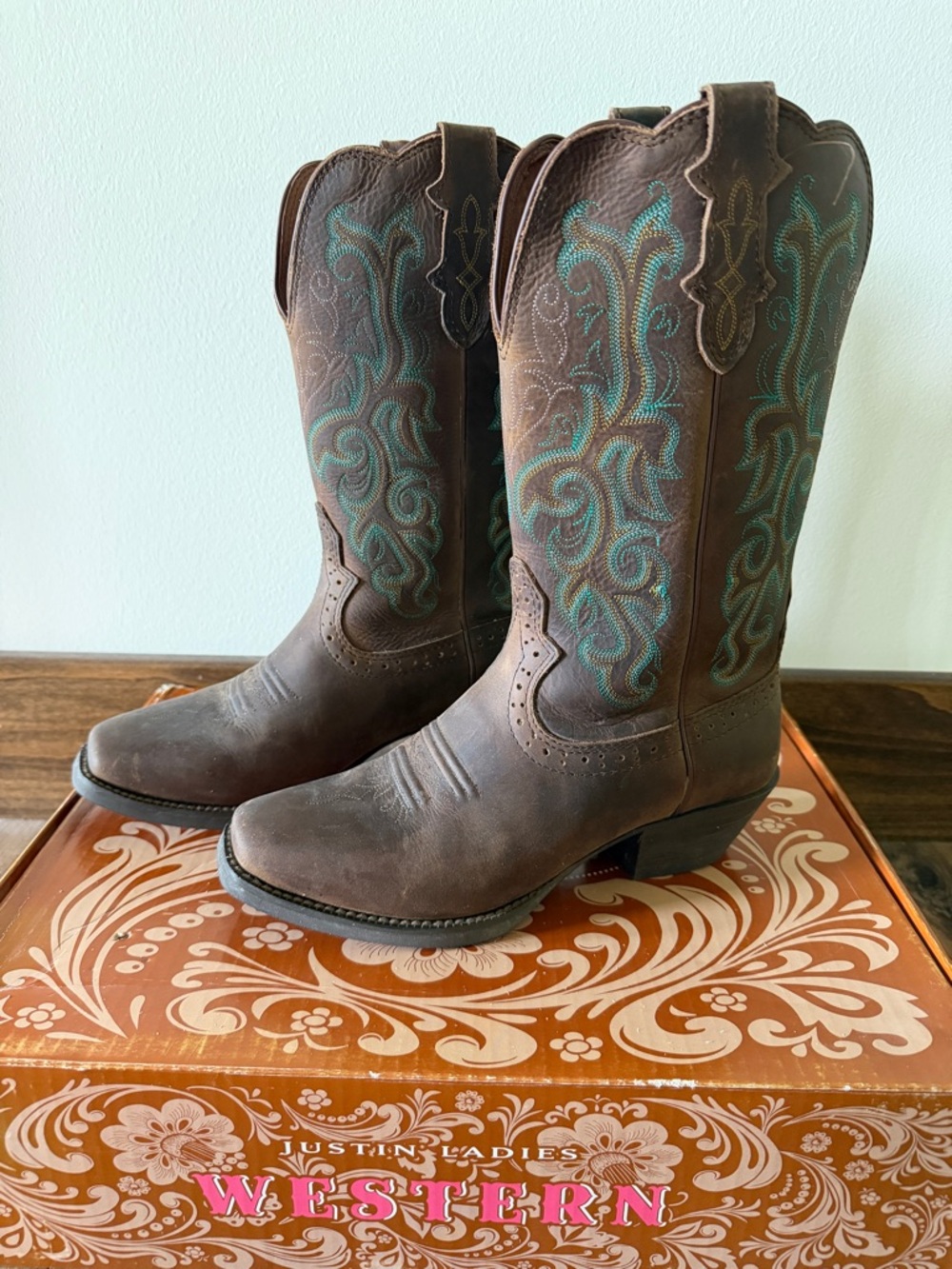Justin Boots Brown Leather with Teal Stitching